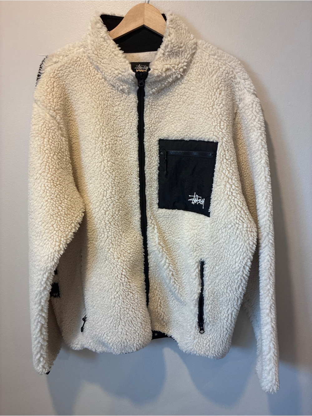 Stussy Cream Sherpa Jacket with Black Trim